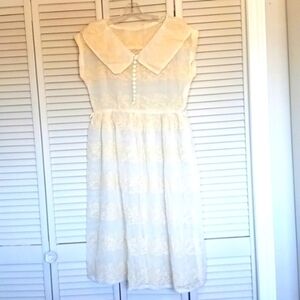 Vintage Twee Cottagecore Retro Sheer Flocked Velvet Tea Dress, Cream, Size M/L
